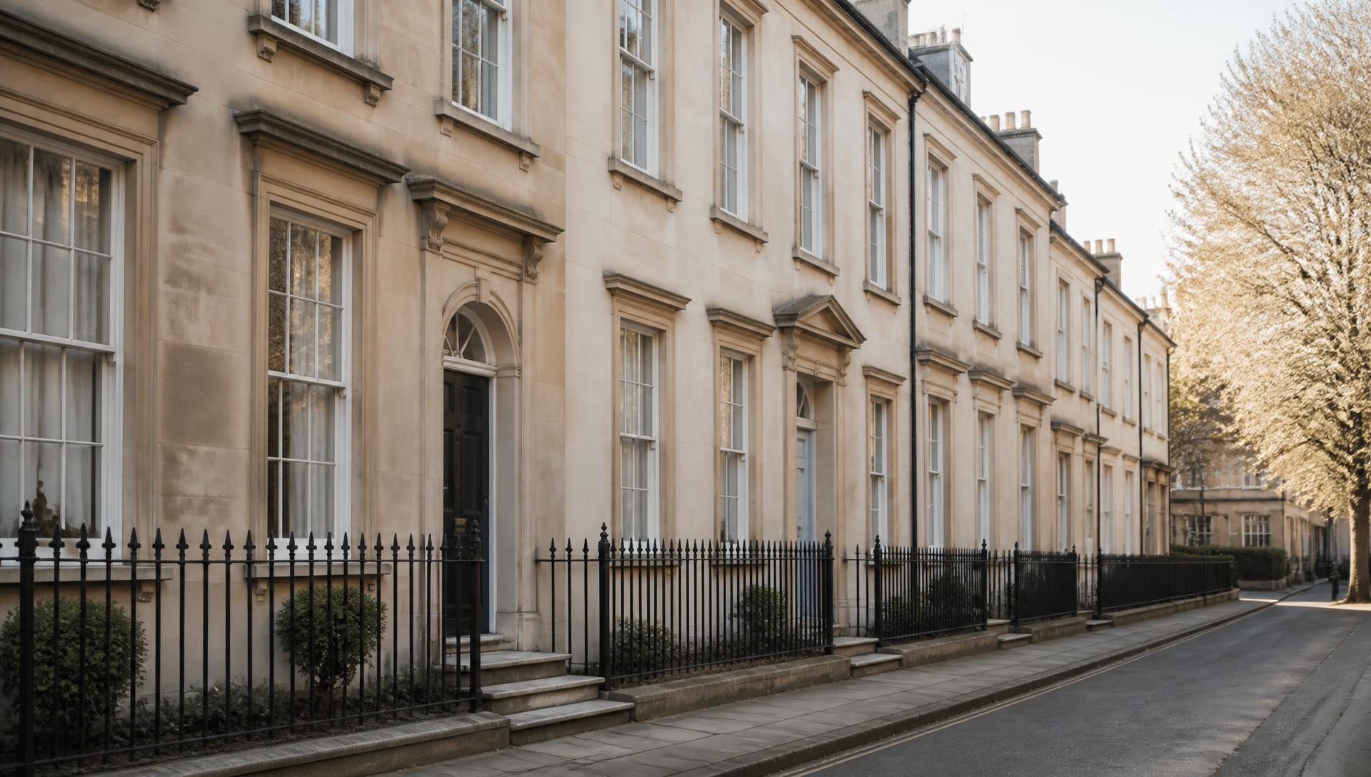 Sunlit stone facade of a Georgian terrace